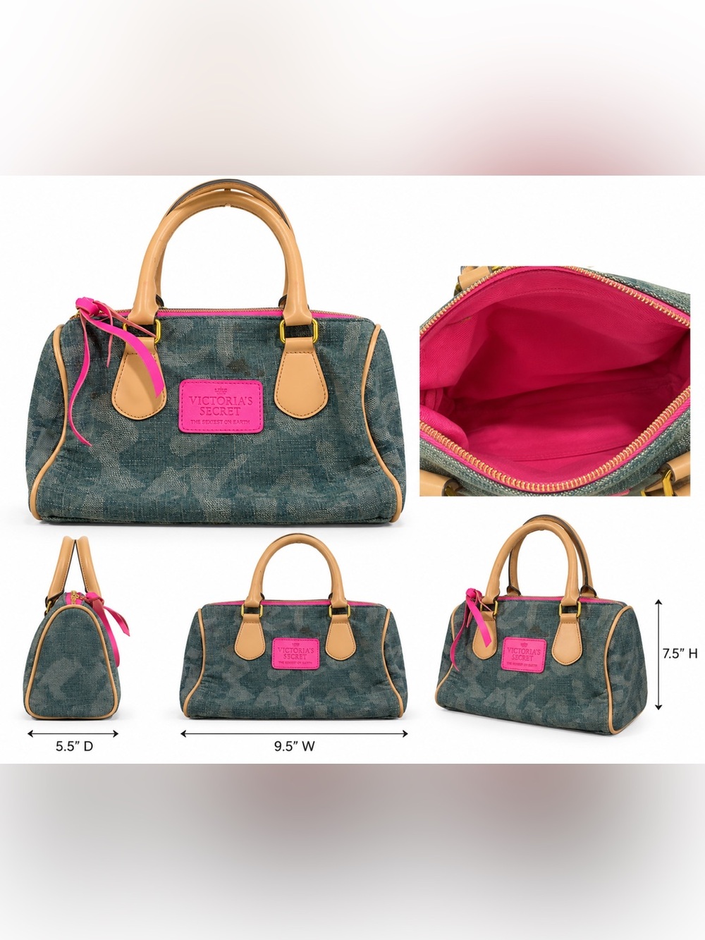 Victoria's Secret Green Camo Satchel with Pink Trim and Tan Handles
